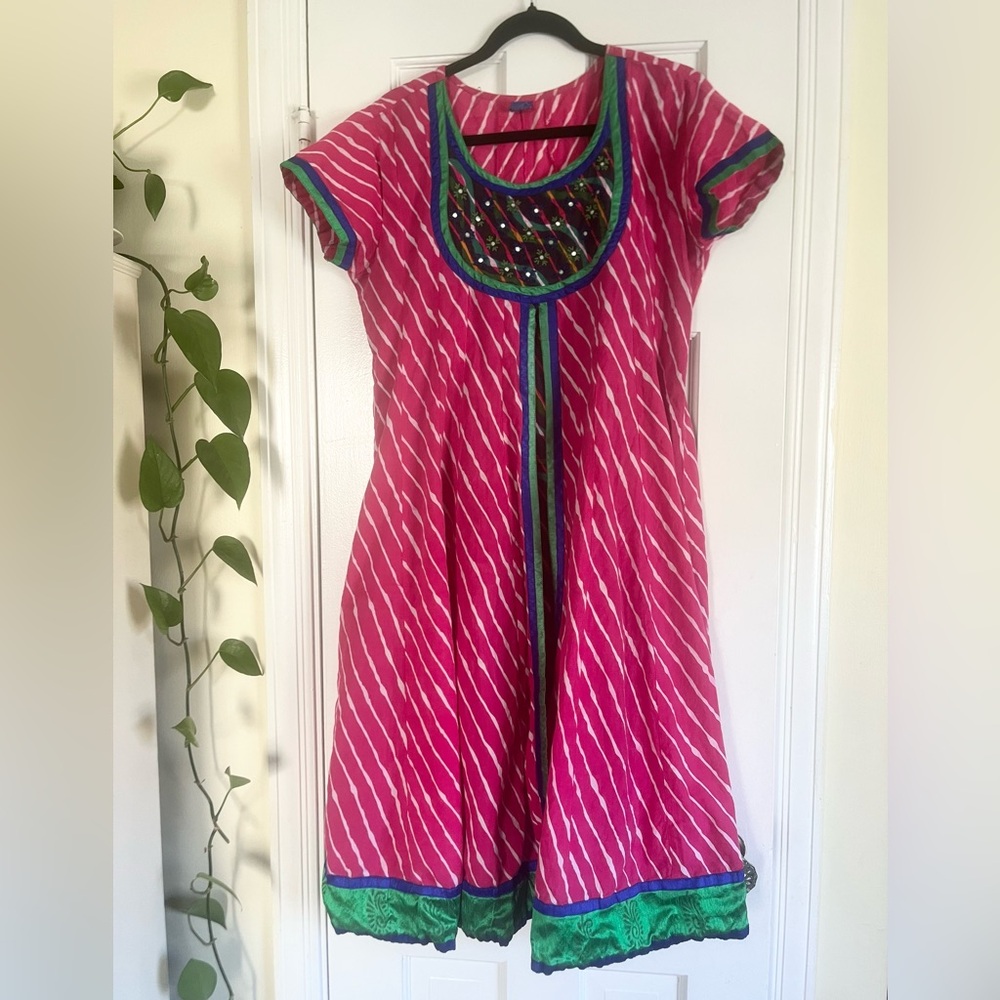 Fuchsia Anarkali Kurta Kurti Dress, Women’s Size Large, Batik Embroidered